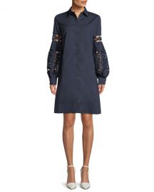 lela rose Lace-Inset Full-Sleeve Poplin Shirtdress at Neiman Marcus